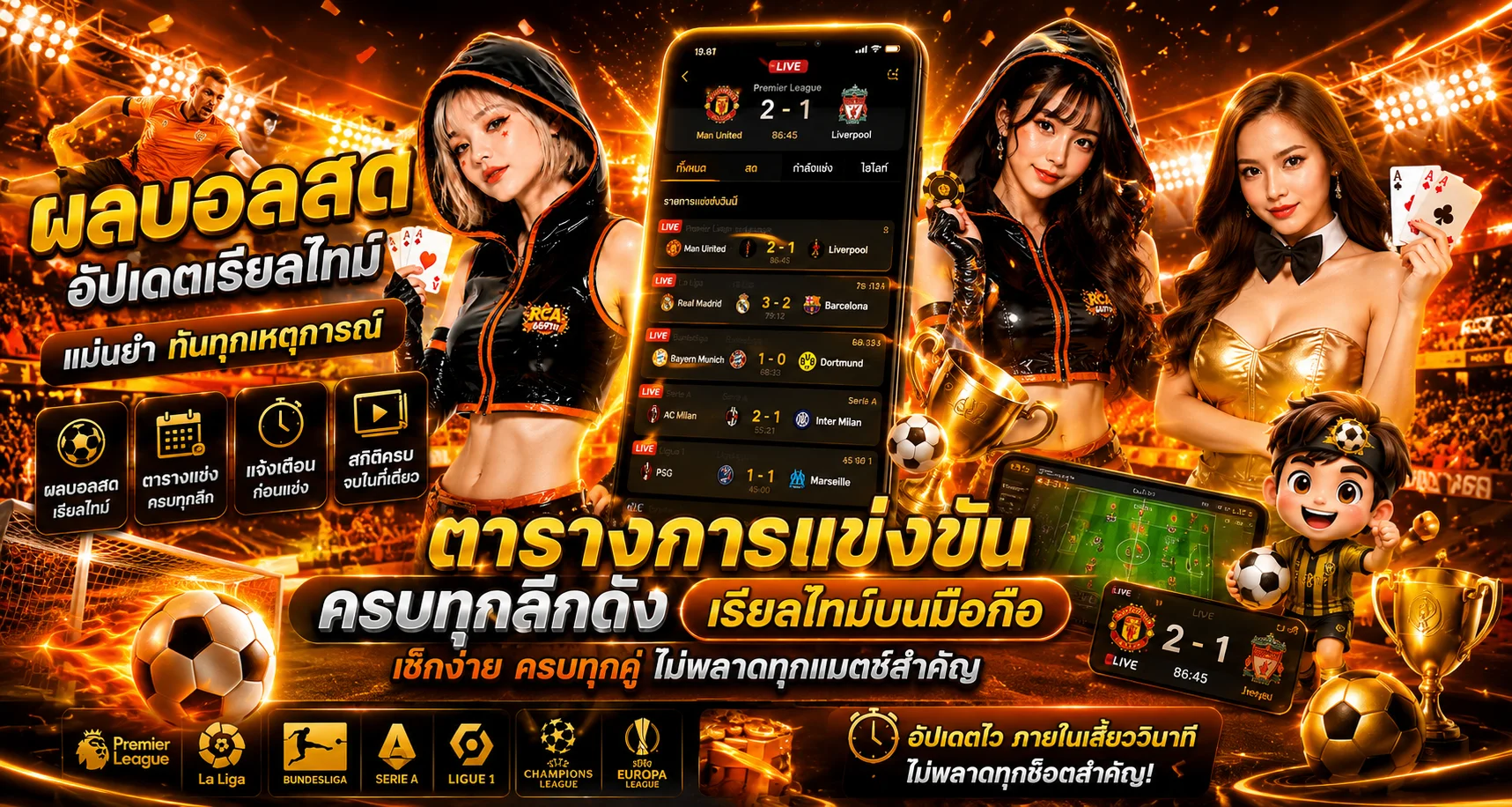 หน้าจอผลบอลสดและตารางการแข่งขันเรียลไทม์บนมือถือ